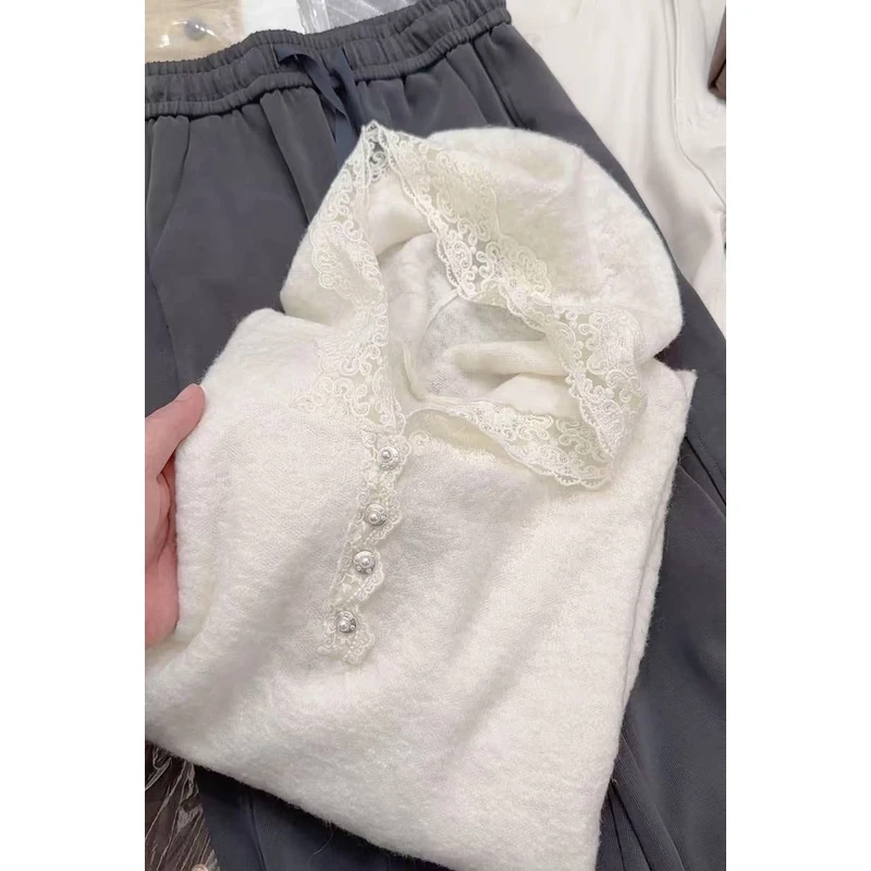 /魔法帽/针织衫气质纯色长袖连帽蕾丝春季时尚休闲