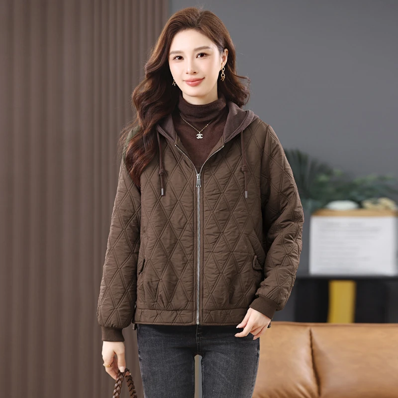 菱格连帽棉服女2025冬季新款短款轻薄时尚小棉袄气质妈妈装外套女