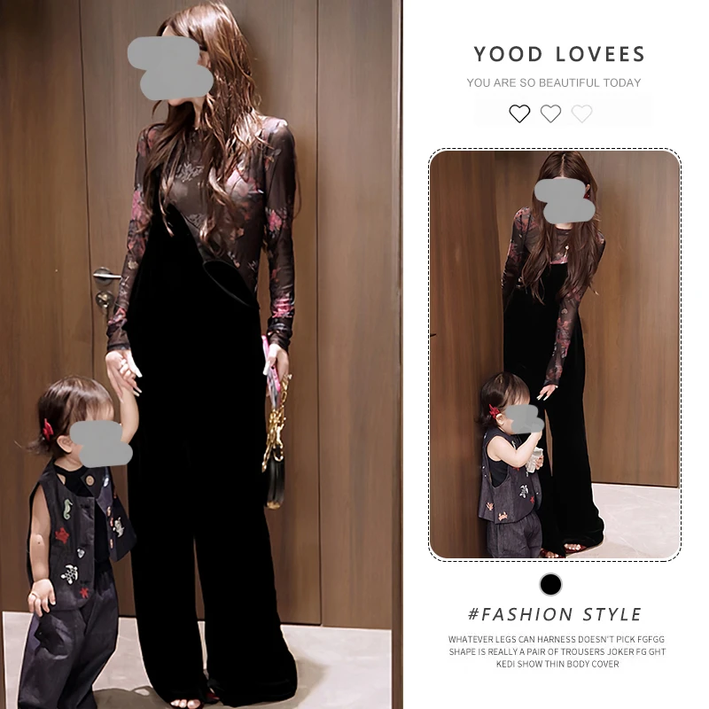 新中式国风印花长袖上衣女2025春秋新款设计感背带裤阔腿裤两件套