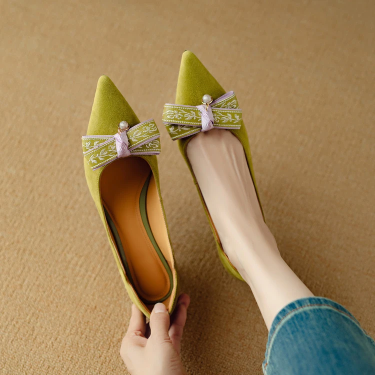 磨砂羊皮~4.5cm高跟鞋女气质中跟细跟尖头法式绝美蝴蝶结真皮单鞋