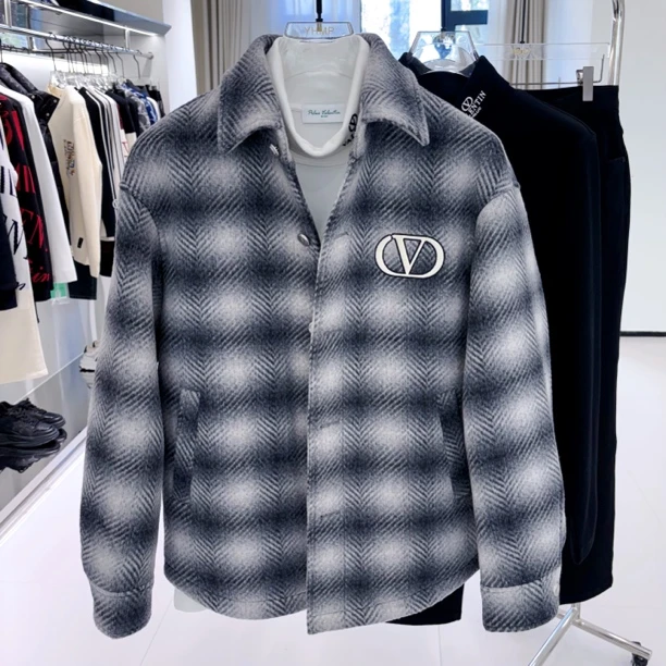 PRLUO VALENTIN秋冬新款羊毛棉服外套 小香风翻领格子休闲衬衣款