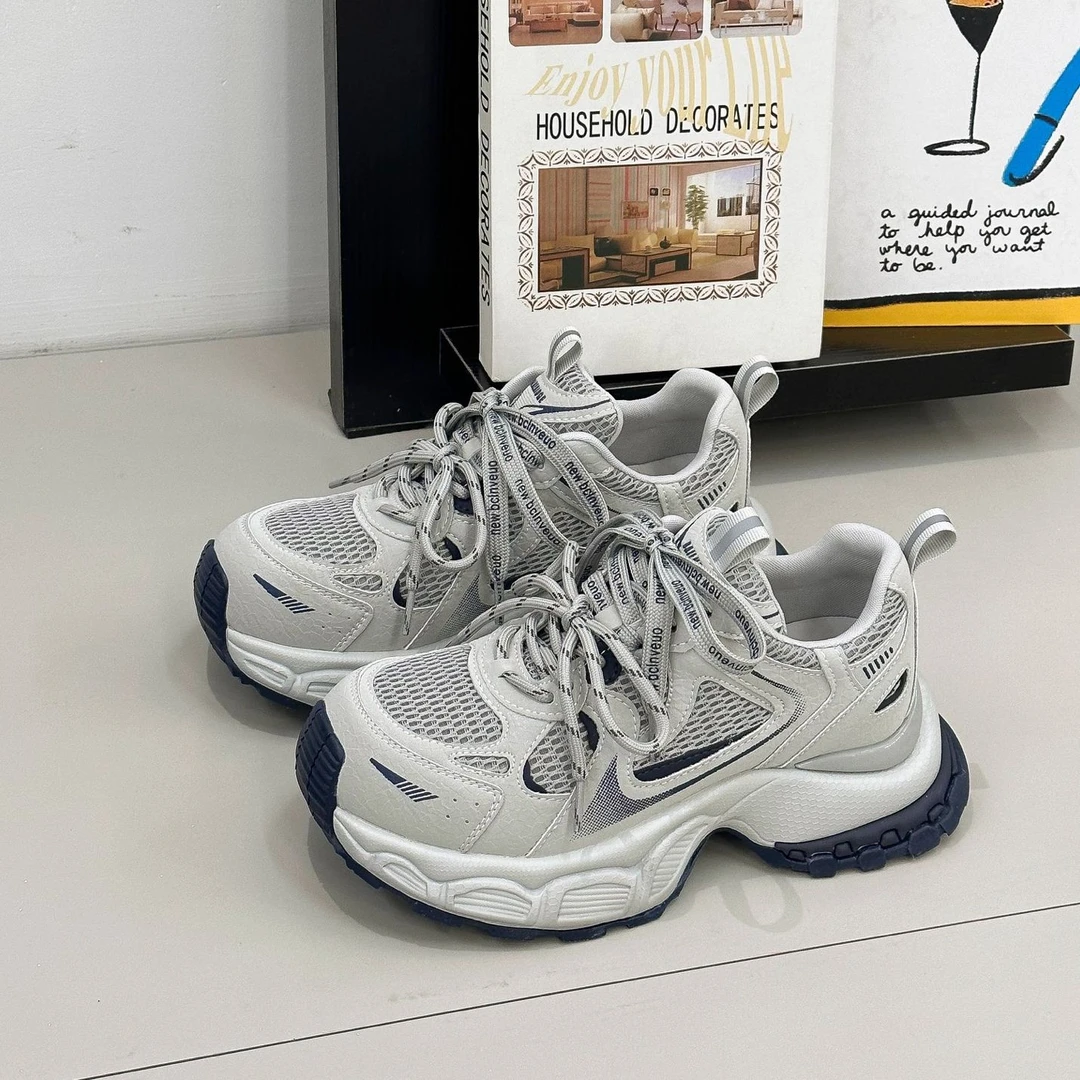 真皮网面透气厚底老爹鞋女单鞋2026春季新款学院风百搭运动休闲鞋