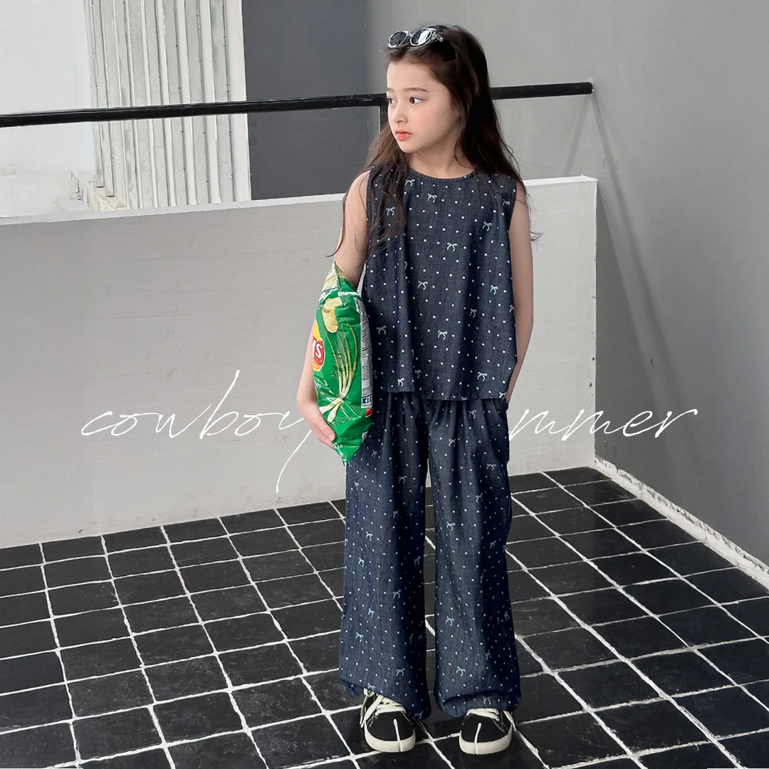 【悠闲派】蓝小爸童装女童牛仔套装夏季新款时尚甜酷宝宝两件