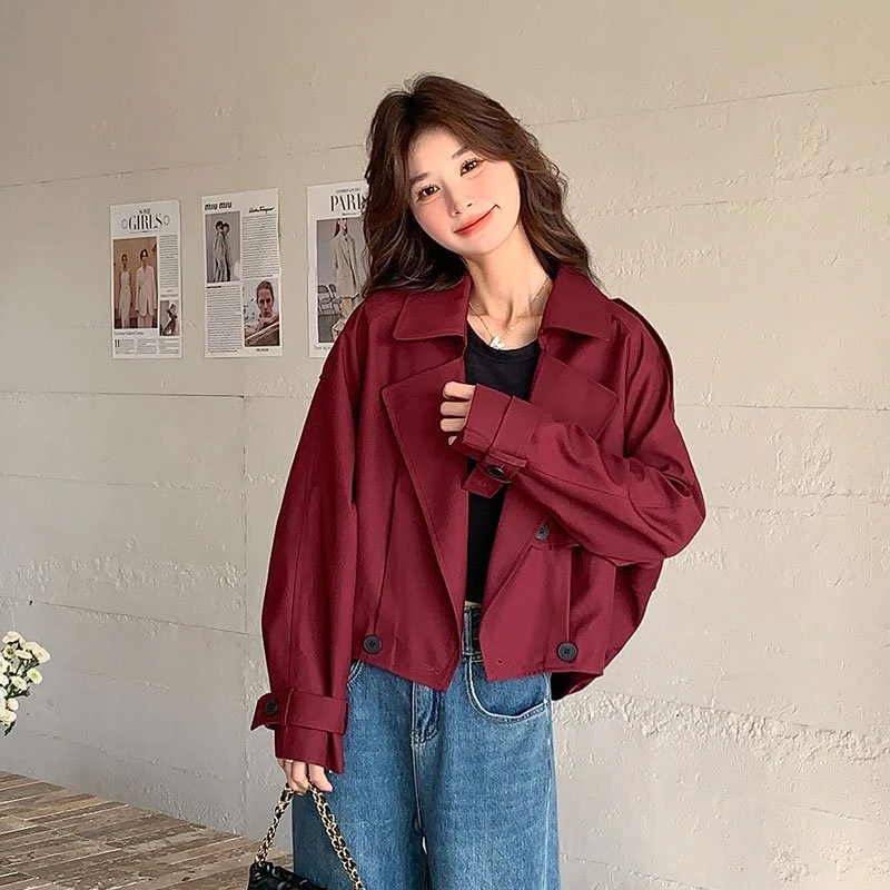 安可拉红短款风衣外套女2025春秋欧货小个子洋气爆款收腰夹克上衣