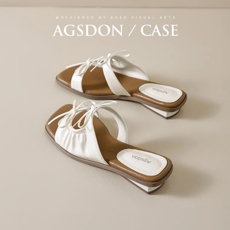 Y奥古狮登拖鞋女2025新款夏季外穿法式粗跟凉拖蝴蝶结透气一脚蹬Y