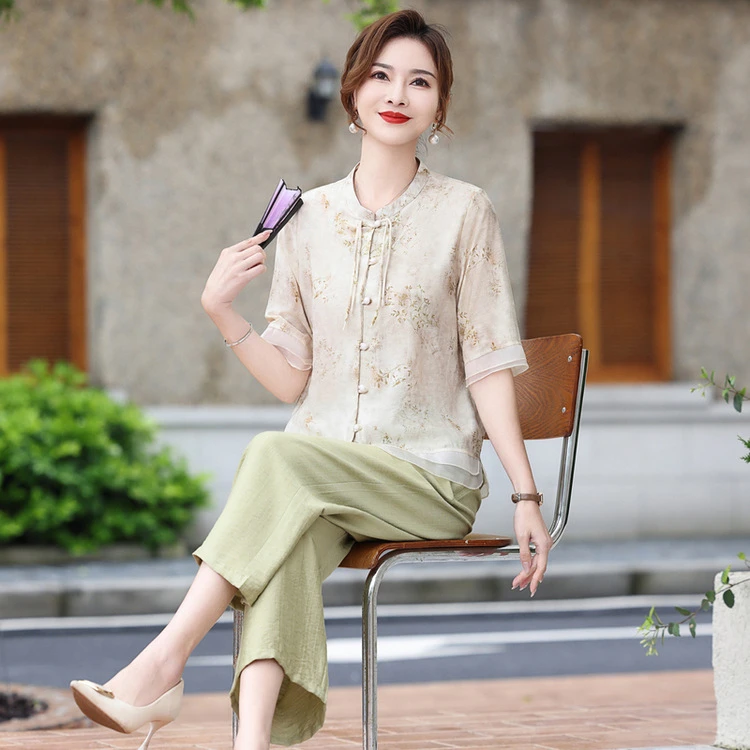 妈妈装夏款休闲套装洋气2025新款中老年春夏季新中式衬衫两件套