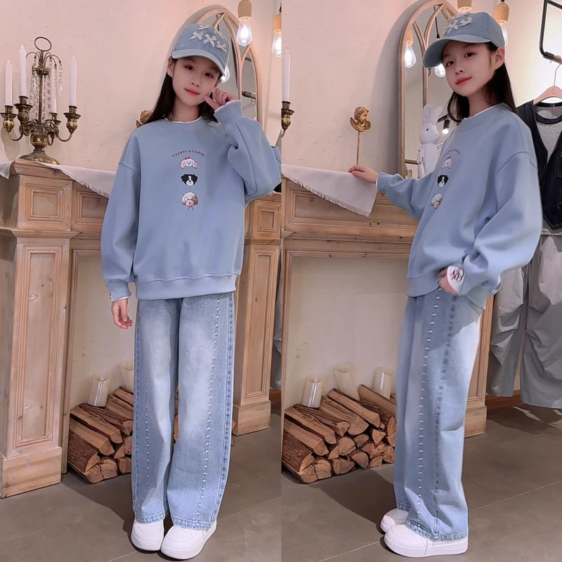 女童春款牛仔长裤休闲百搭显瘦直筒裤女孩中大童时尚洋气穿搭卫衣