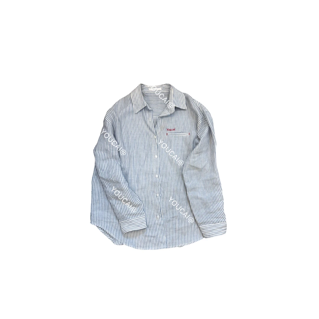 no褪 蓝色条纹亚麻衬衫372