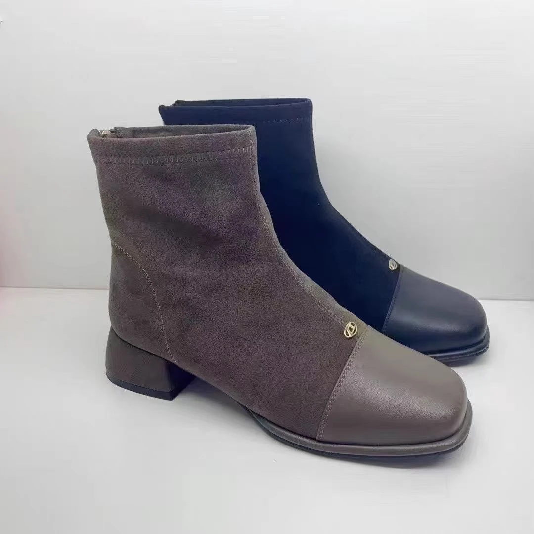W73918绒面方头粗跟瘦瘦靴女新款优雅加绒弹力靴