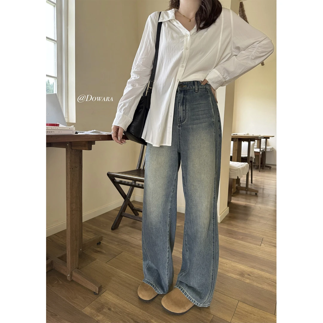 大婉酱微胖定制【修容牛仔】做旧显瘦垂感牛仔裤高腰百搭长裤8966D