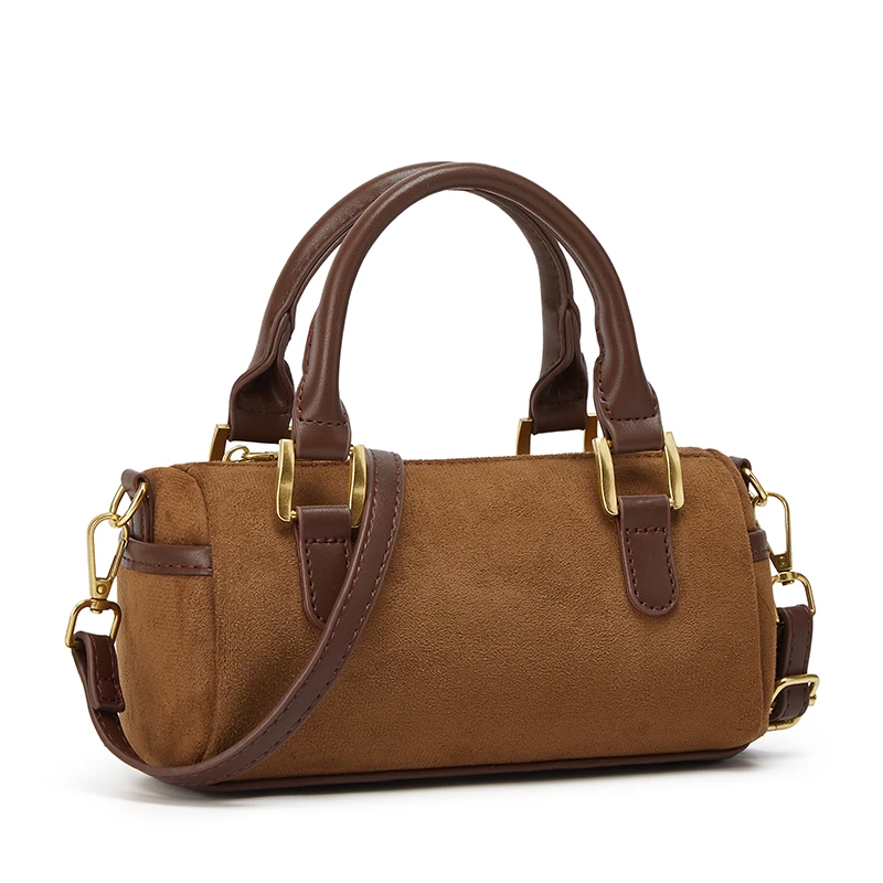 复古简约时尚洋气拼色麂皮绒面手提法棍包休闲轻便百搭单肩斜挎包