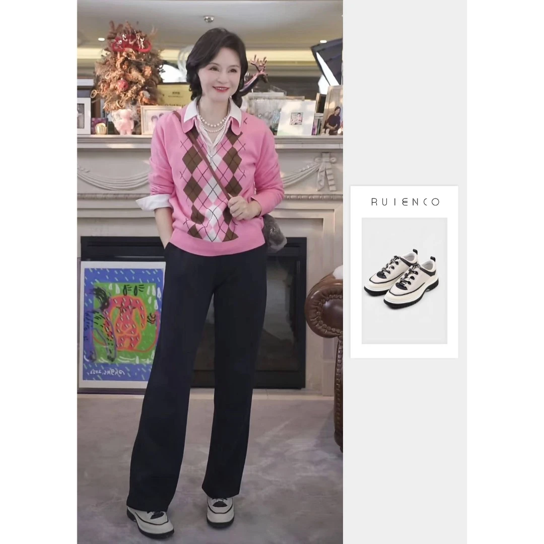 我是摩羯 小香菱形格鞋 高丝光牛反绒荔枝纹牛皮复古撞色鞋