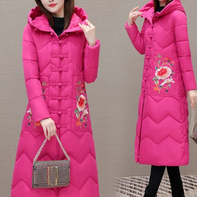 上新民族风妈妈装冬季棉服加厚长款过膝中年女装刺绣覆古大码棉衣