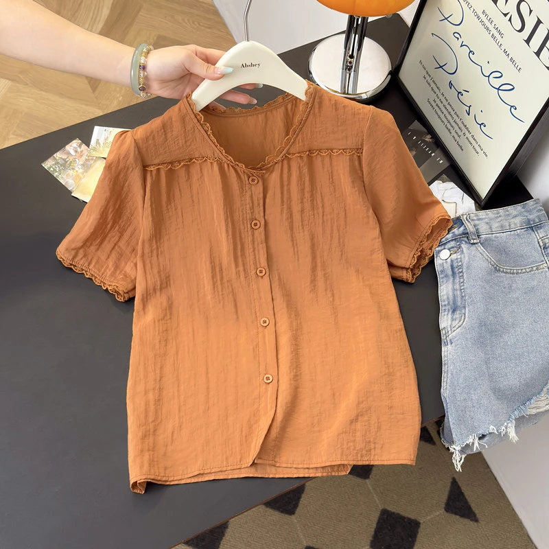 季念夏季圆领拼接上衣小衫女短袖新款衬衫宽松显瘦时尚遮肚子开衫