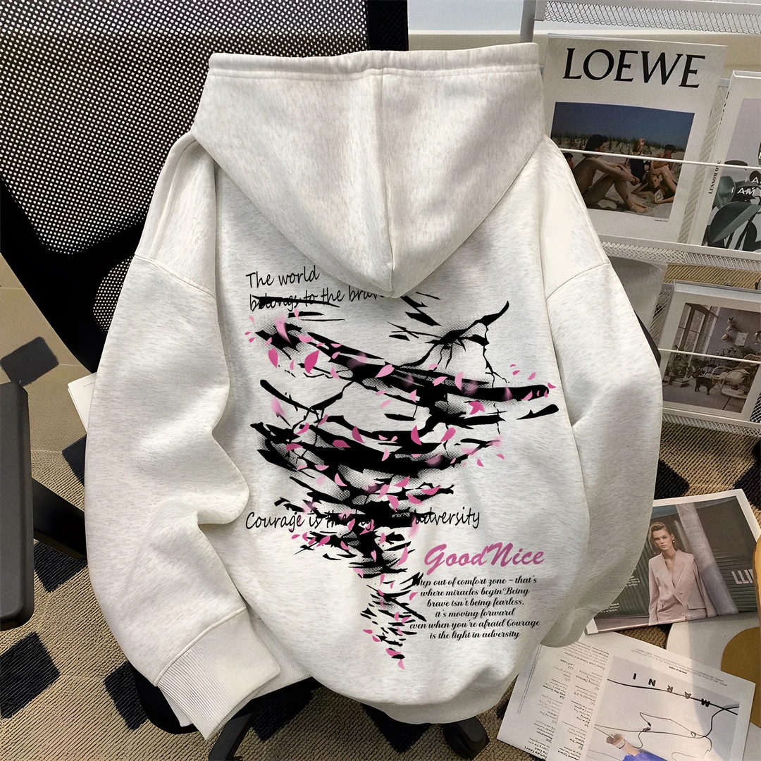 美式高街闪电花瓣印花连帽卫衣男秋冬新款青少年潮牌加绒重磅外套