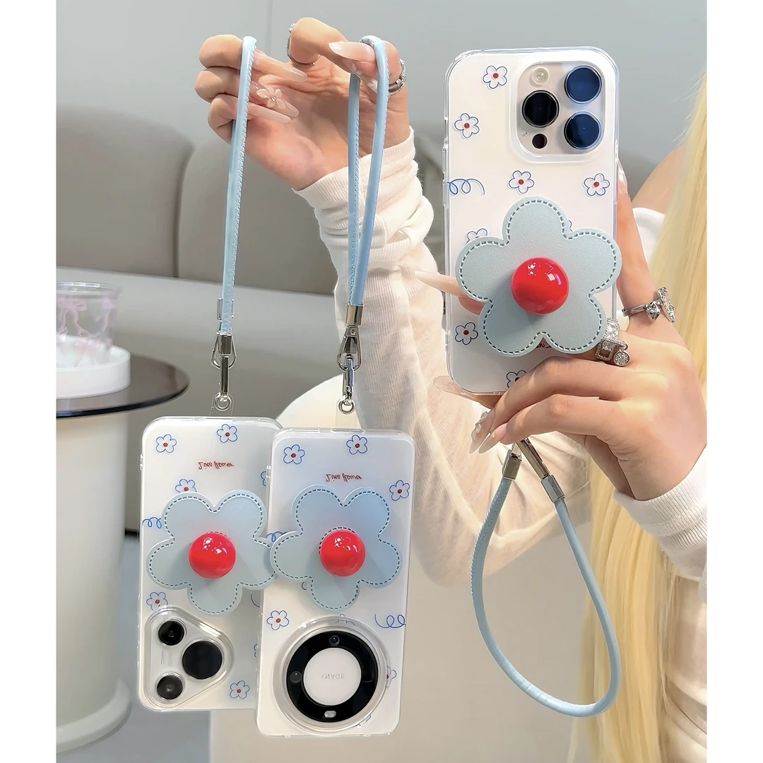 ins风奶油蓝花适用iPhone16皮绳手机壳13女苹果华为vivo小米oppo