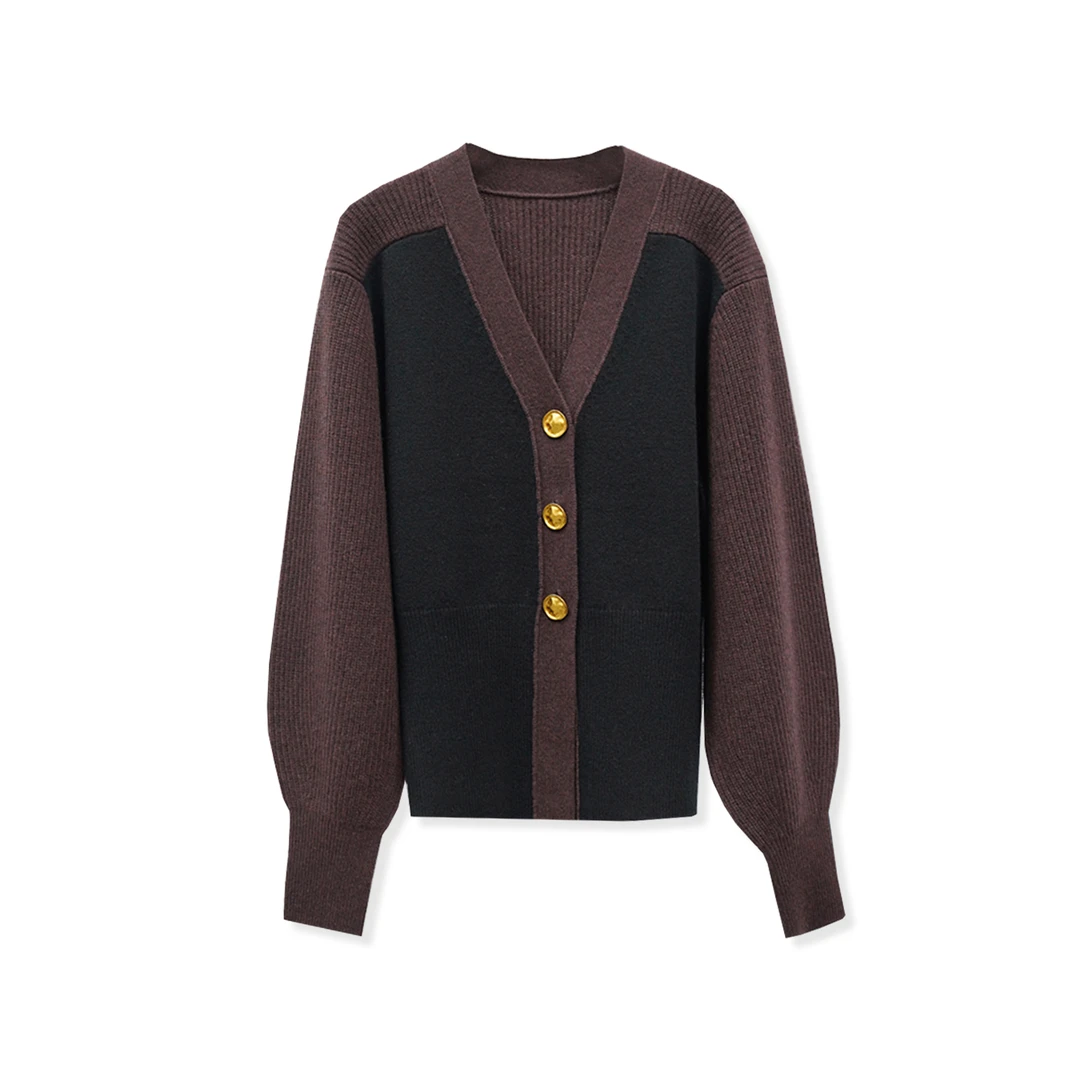 女装单排扣拼色针织开衫19501