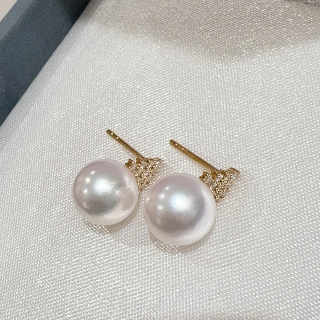 18k金钻海水akoya耳钉冰雪女王8.5-9mm 48h鉴赏期