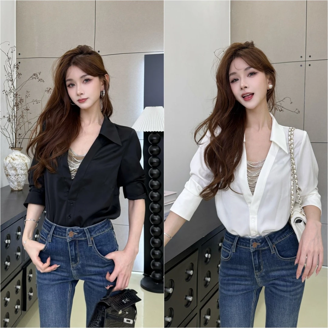 【月白序】设计师气质假两件翻领长袖衬衫设计感百搭长袖上衣时尚