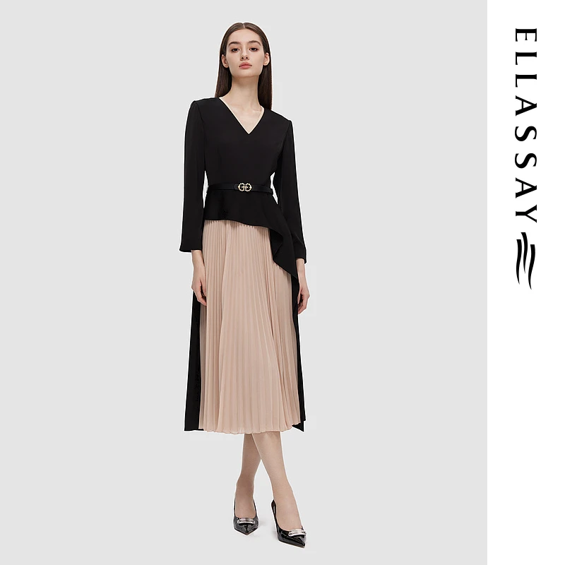 ELLASSAY歌力思秋季新款撞色设计褶皱连衣裙女E351Y11000