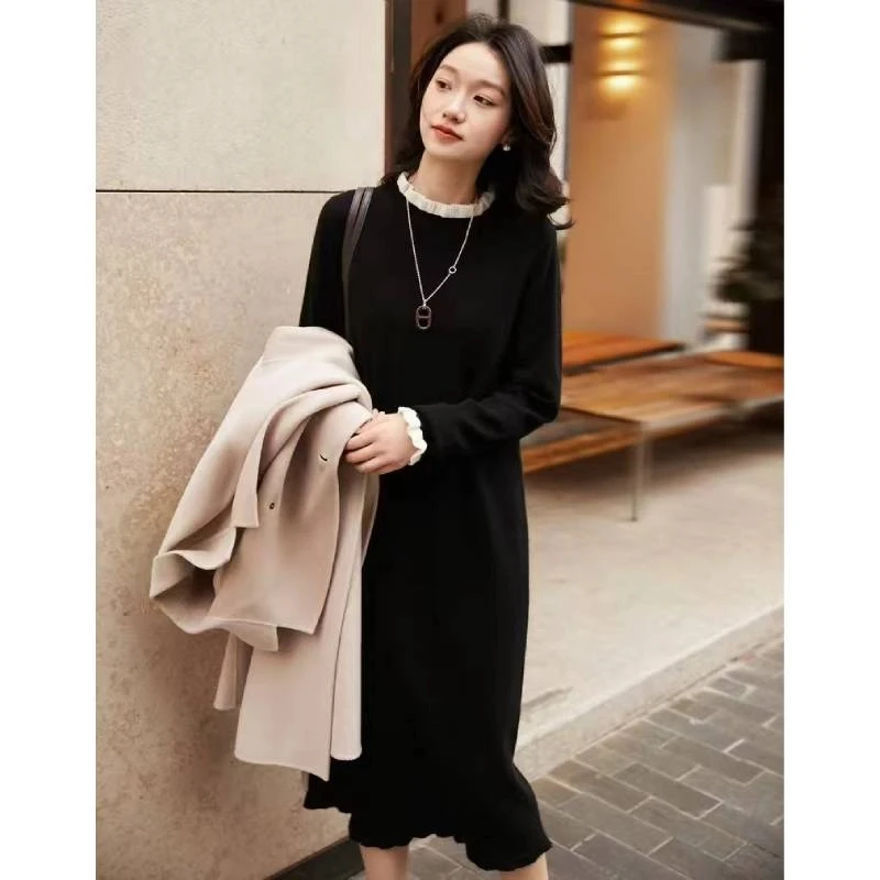 【宁宝】秋冬新款木耳花边领山羊绒毛衣连衣裙女显瘦气质长袖针织