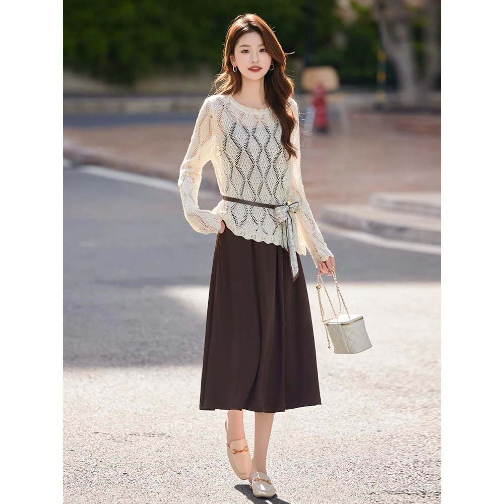 DUCURNO温柔风菱格收腰套装女秋季2025新款镂空针织衫吊带裙两件