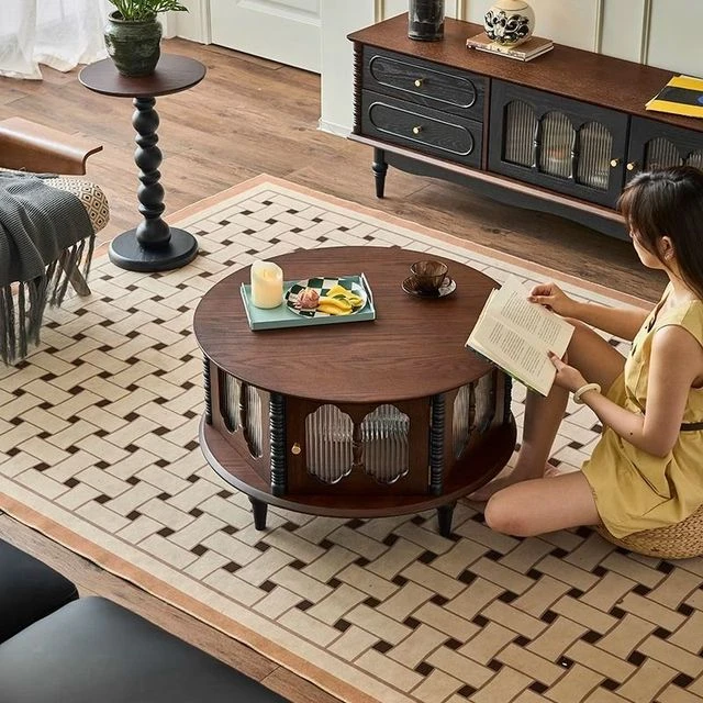 法式复古圆形实木达尔茶几客厅组合家用小户型美式古风高级茶桌