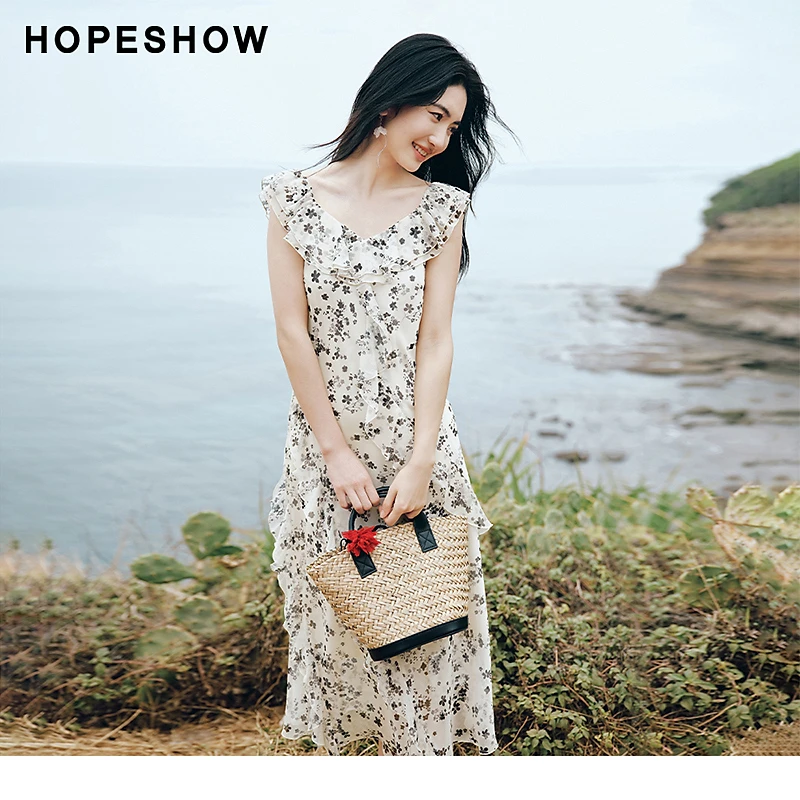 红袖2025夏季女装【繁华如梦】高腰钻石领套头印花裙90125131603