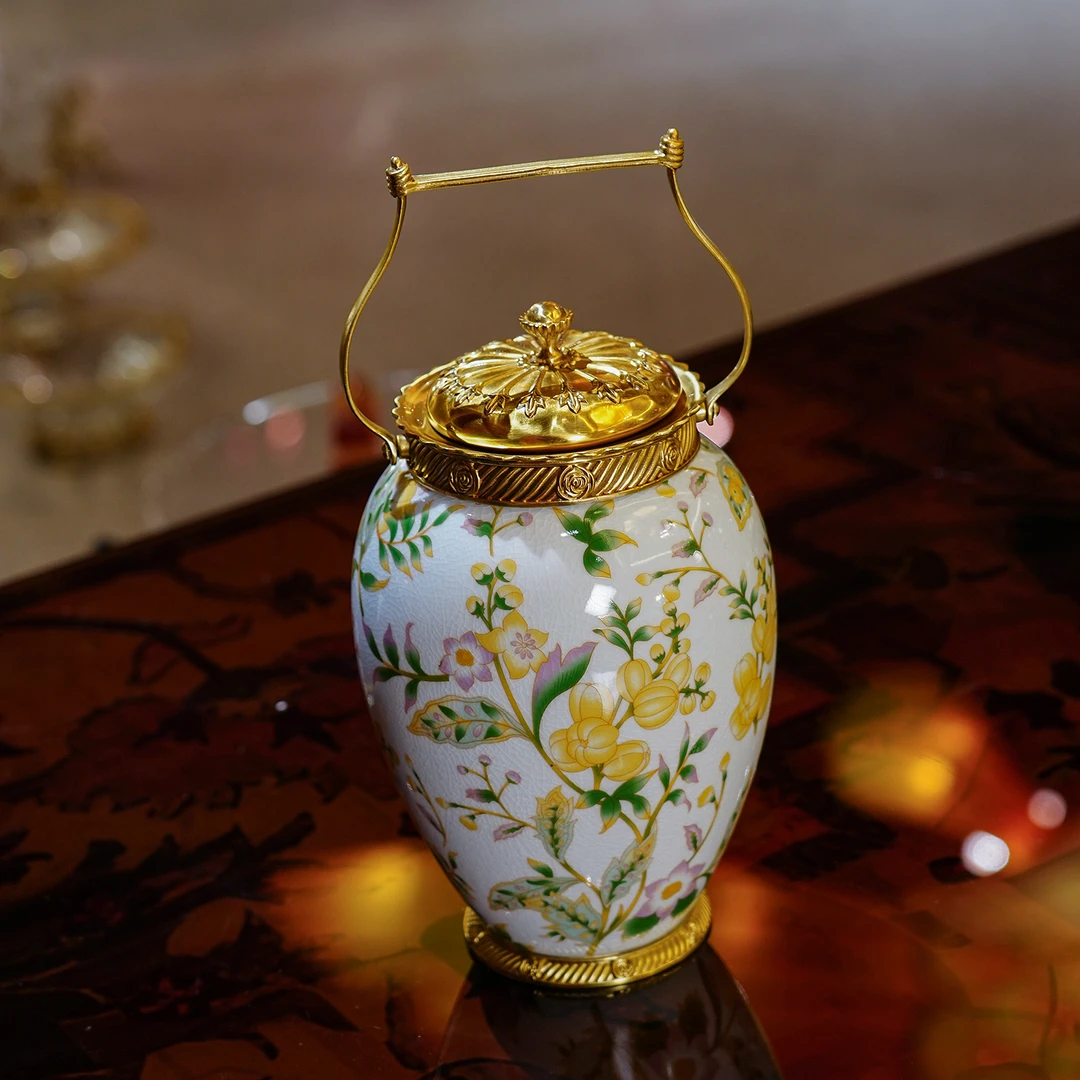 【本尼家】SS26欧式手绘陶瓷镶铜提篮装饰罐高档家居装饰摆件