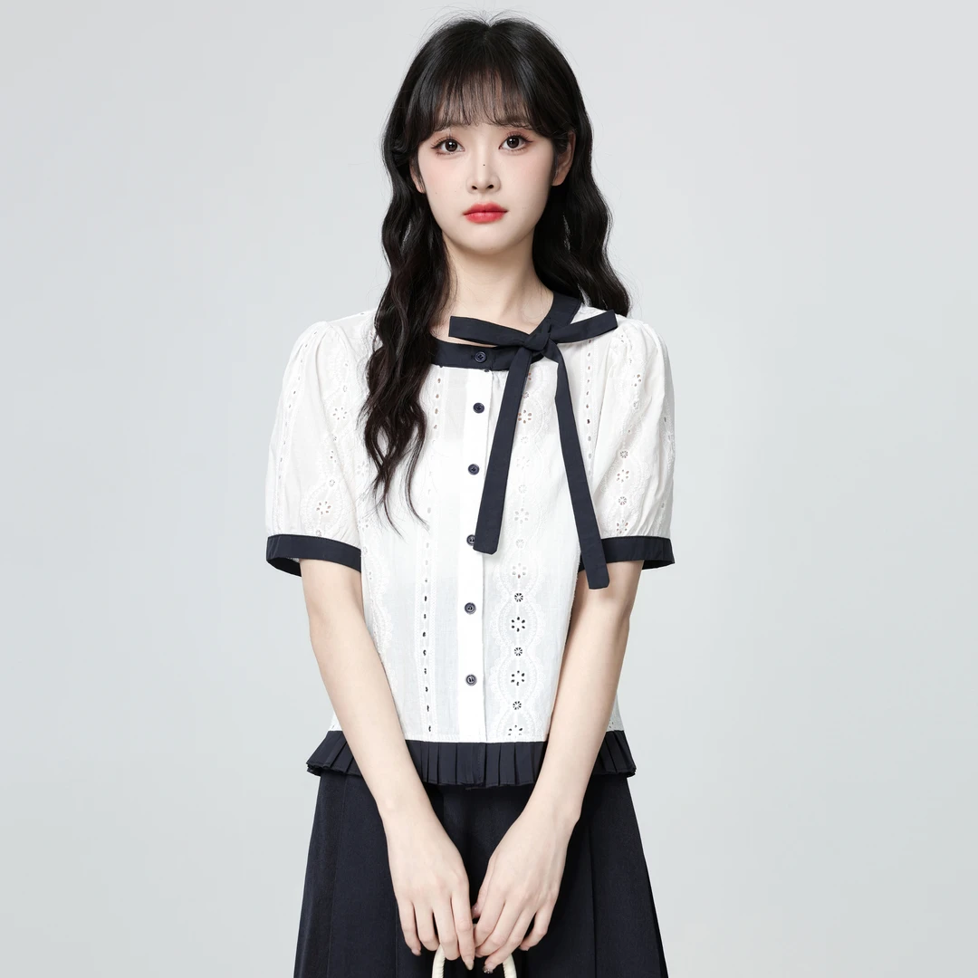法式白色短袖衬衫女夏2025夏季新款撞色圆领蝴蝶结系带衬衣短上衣