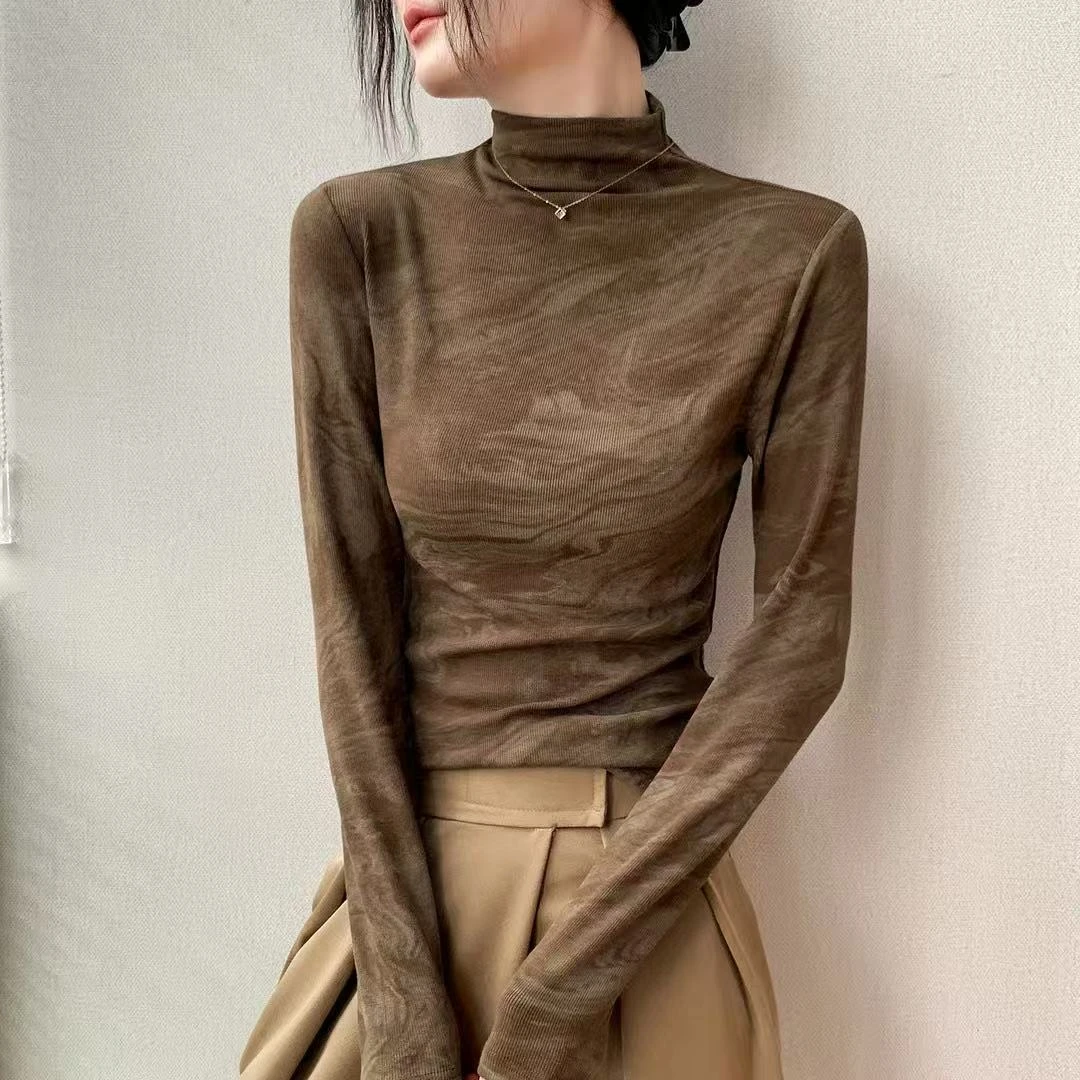 半高领扎染正肩别致外穿长袖T恤女秋季新款修身显瘦西装内搭上衣