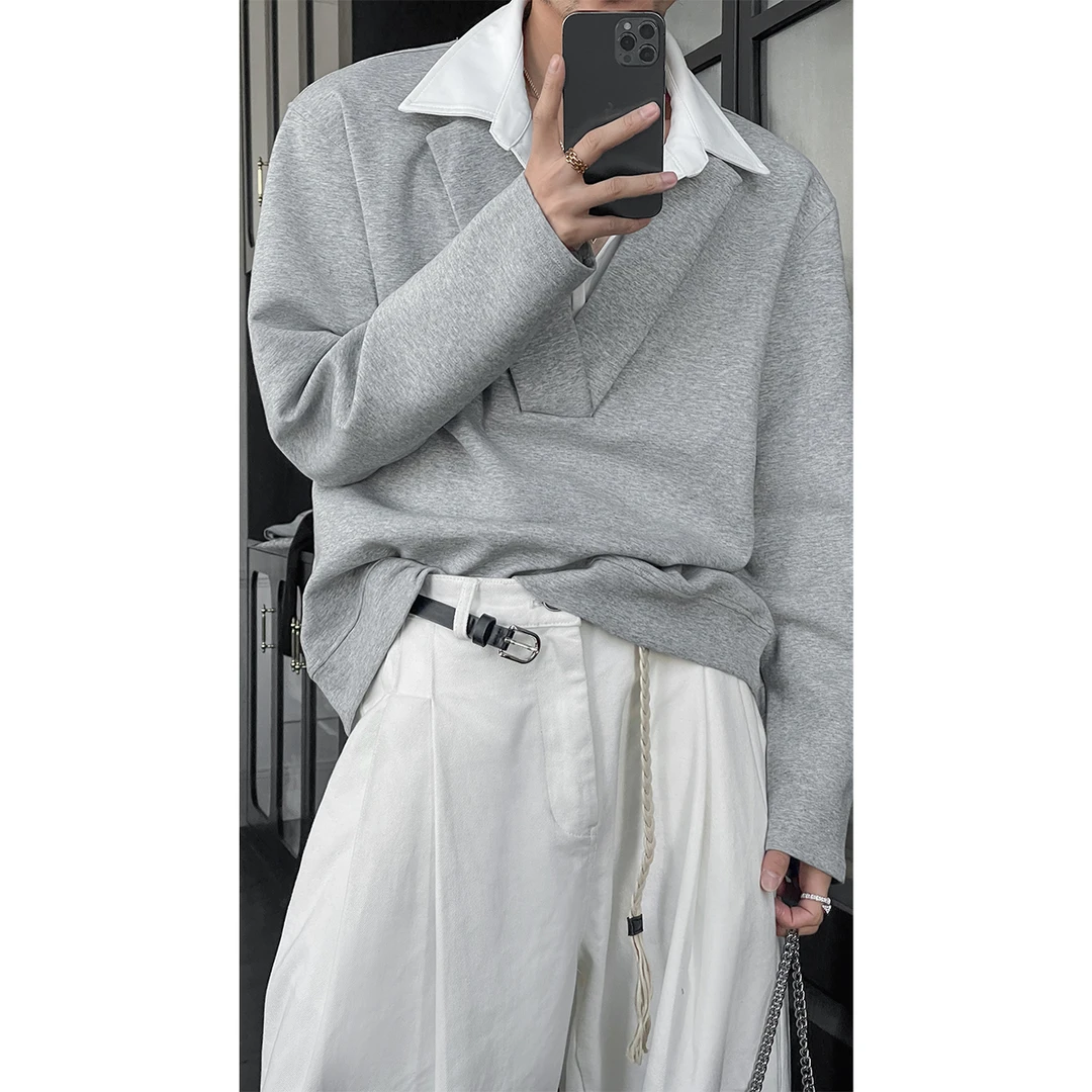 2025春季新品小众高级感假两件拼接衬衫卫衣男百搭简约上衣