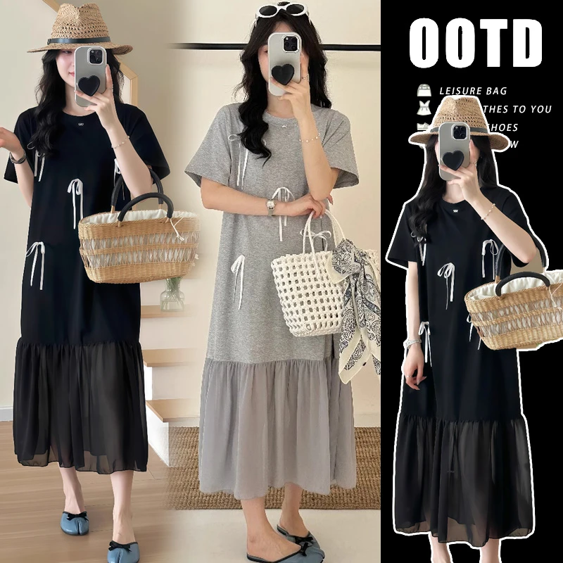 孕妇装2025夏新款宽松休闲中长款T恤裙韩系芭蕾风蝴蝶结连衣裙