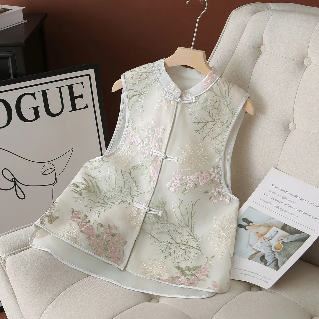 2025国风新中式爆款流行马甲纱面刺绣花轻薄透气无袖背心气质马夹