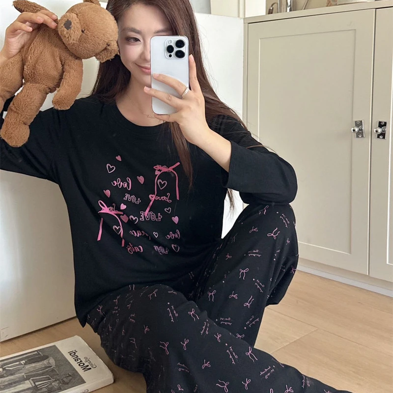 莫代尔女士睡衣冬季秋冬休闲春秋季长袖长裤甜美爱心家居服套装