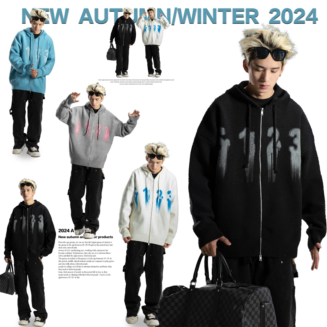 【幻影图案】毛衣开衫男秋冬拉链连帽针织衫百搭慵懒风外套7033