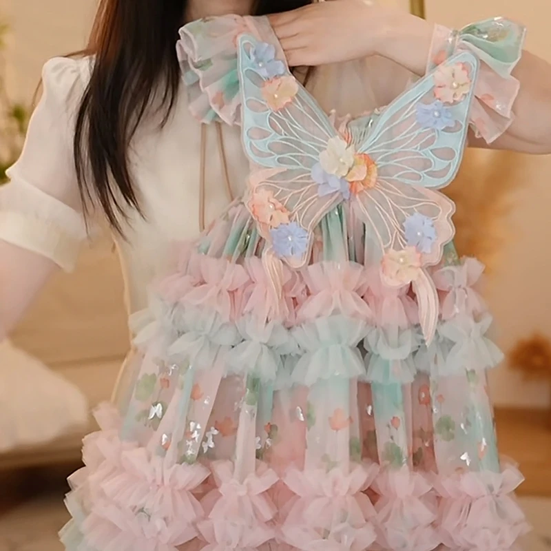 女童连衣裙2025夏季新款儿童洋气公主裙宝宝时尚蝴蝶拼接网纱裙子