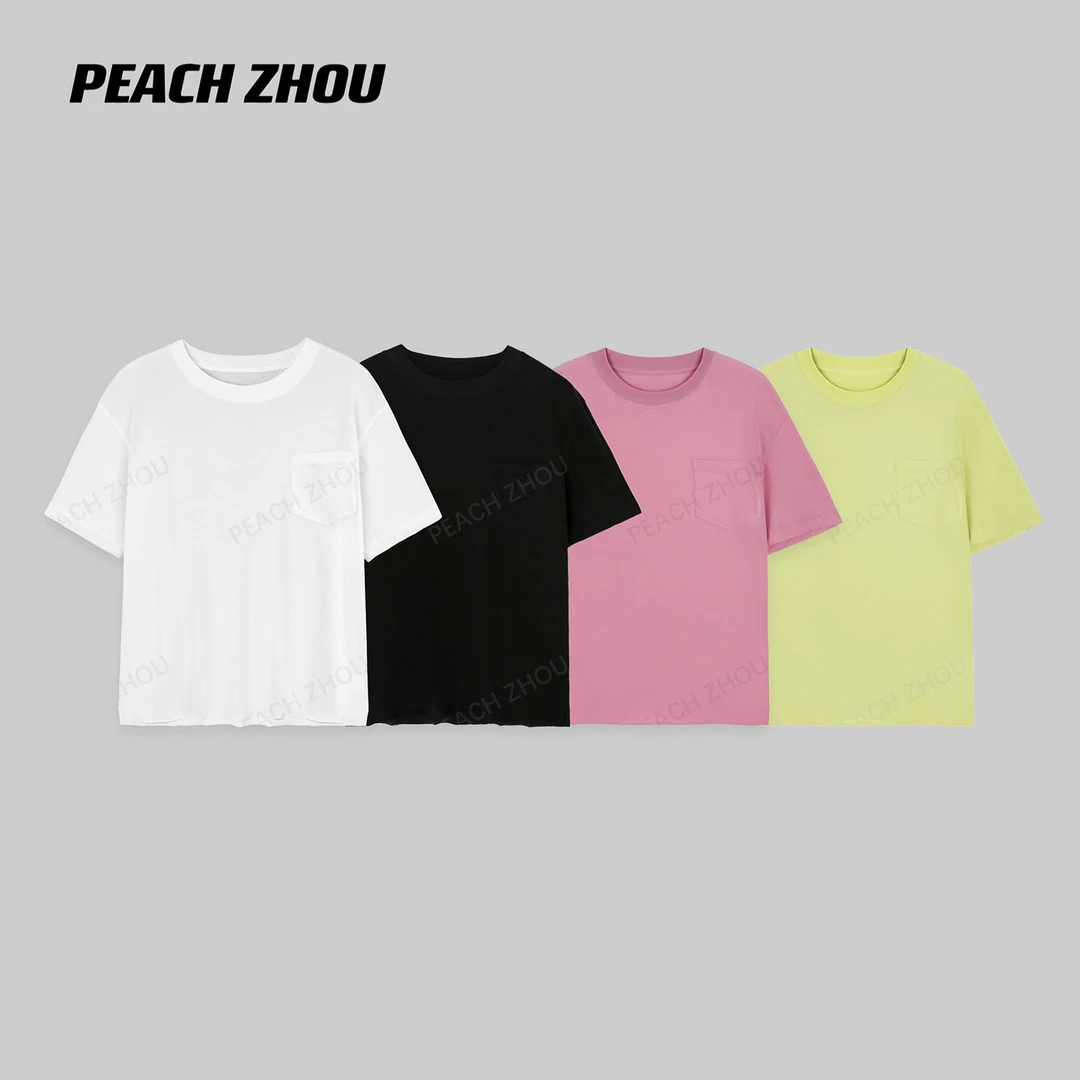 『PEACHZHOU』贴袋基础款纯色宽松圆领打底短袖简约休闲百搭内搭T恤