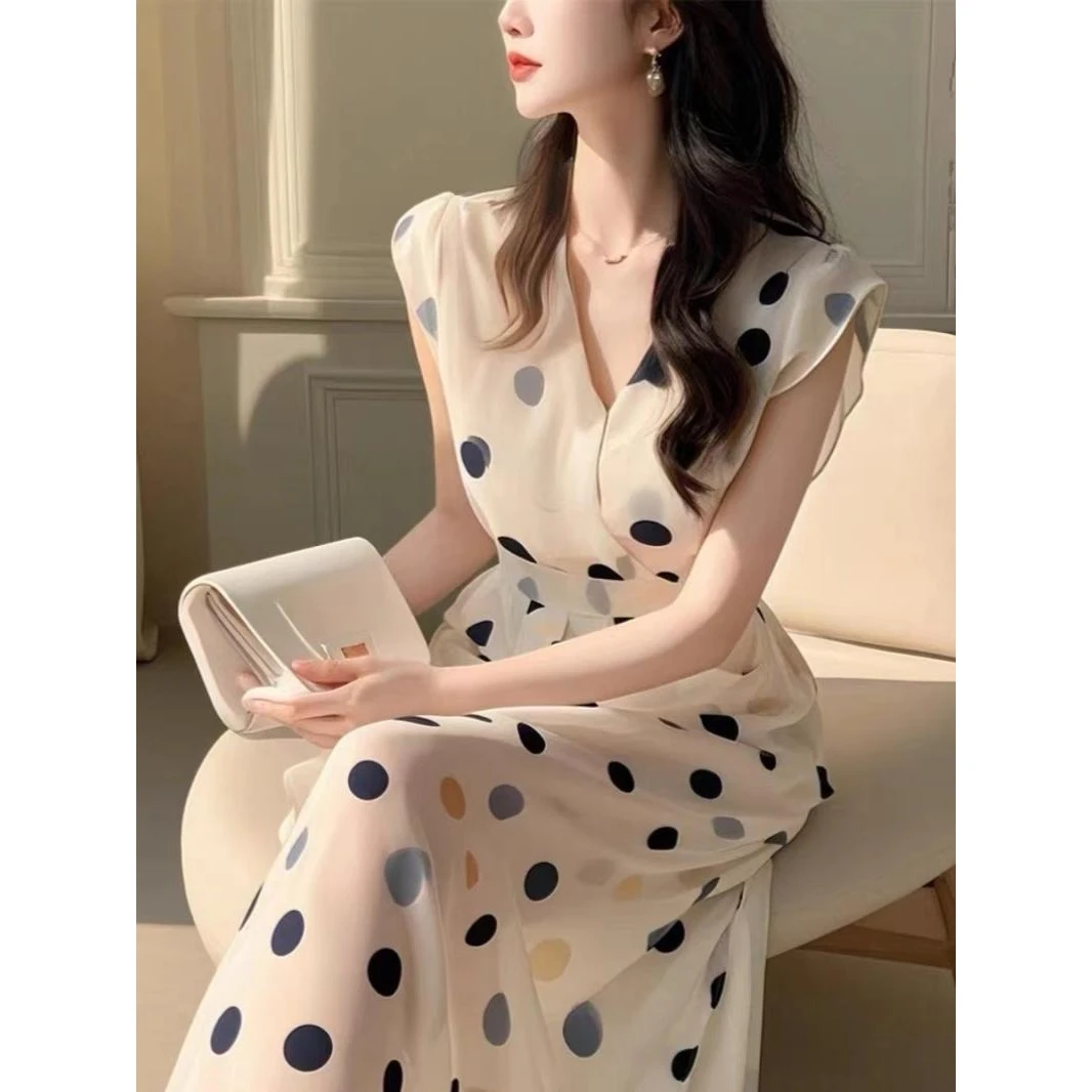 2025新款长裙轻奢高级感小个子法式气质波点雪纺连衣裙子女装夏季
