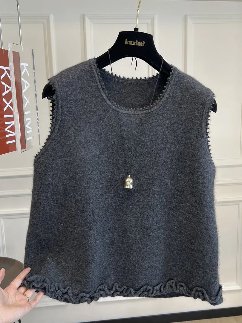 高端欧货秋季新款时尚简约休闲圆领木耳包边毛呢马夹背心上衣女潮