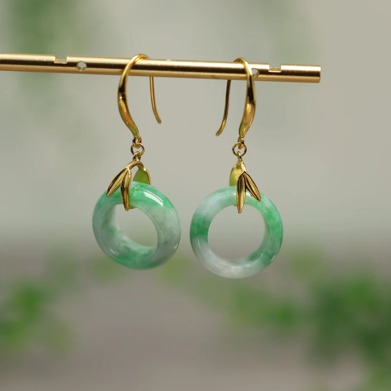 #I648糯种飘阳绿天然A货翡翠小环耳坠耳环耳饰 S925银镶嵌