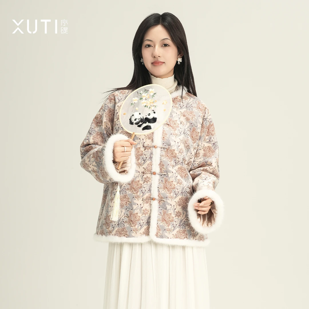 序缇100%桑蚕丝填充国风新中式水貂毛外套女上衣H260-25821