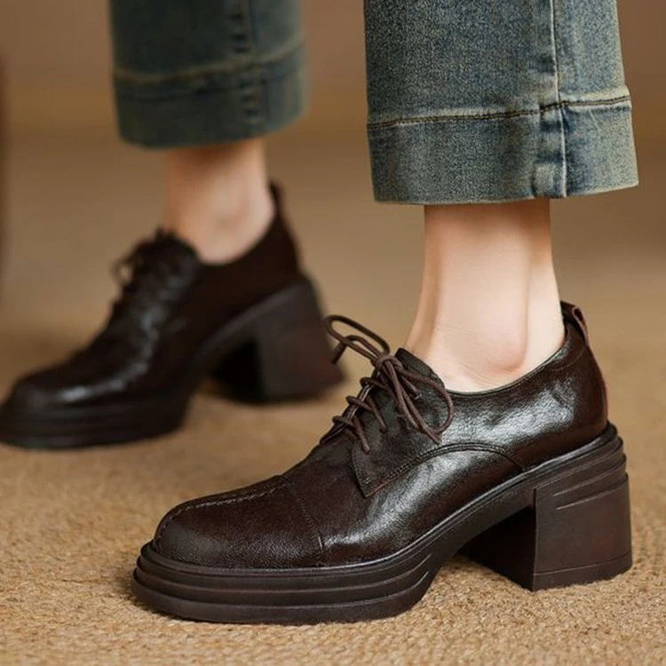 羊皮巨好穿法式深口单鞋女春秋圆头粗跟真皮厚底系带英伦小皮鞋