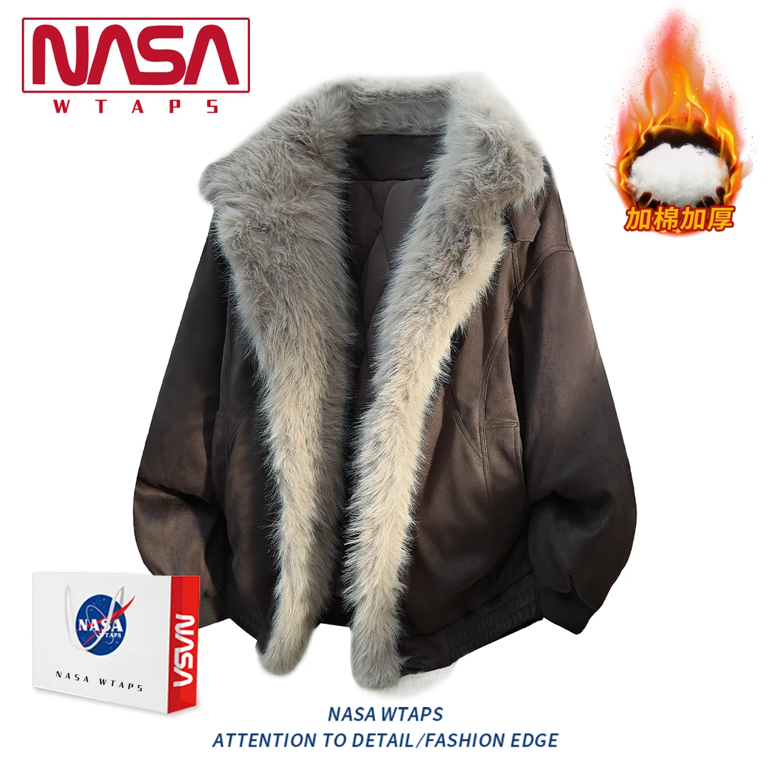 NASA WTAPS复古座山雕加厚棉服男款宽松休闲高级感毛领加绒外套男