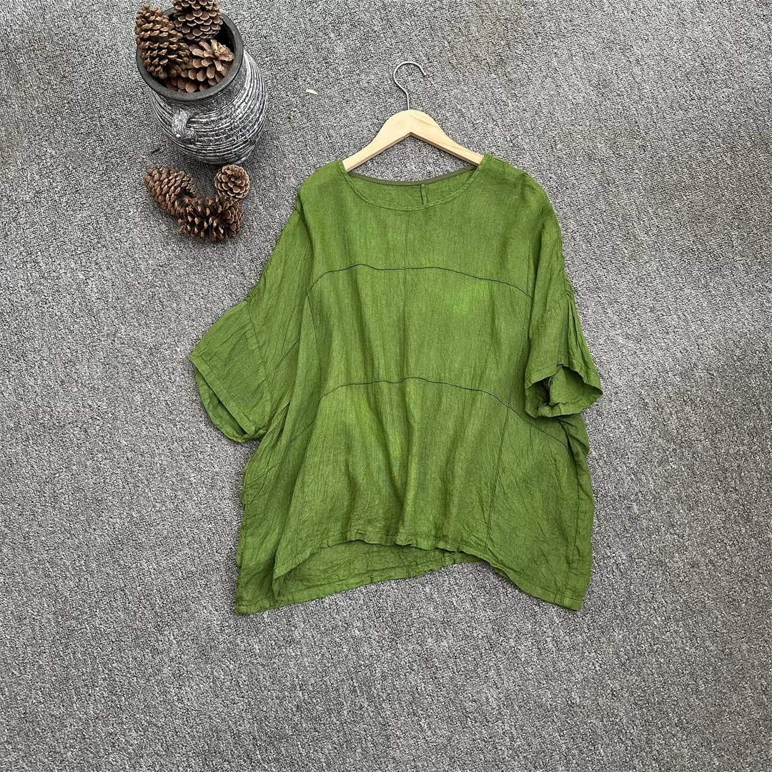 复古稀疏亚麻圆领拼接纯色套头T恤夏季新款简约宽松百搭显瘦上衣