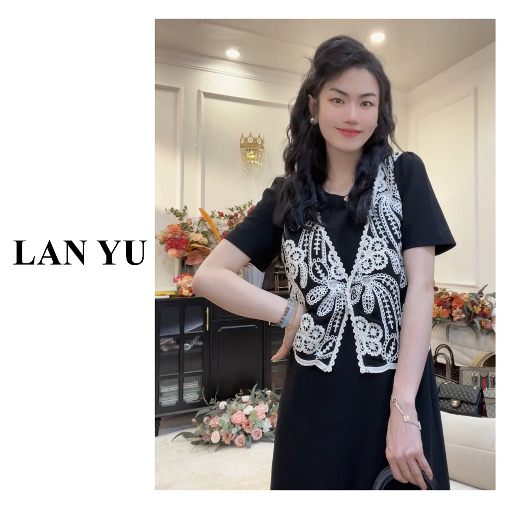 【月笼沙】假两件拼接黑色裙子夏季新款气质显瘦大码女装连衣裙