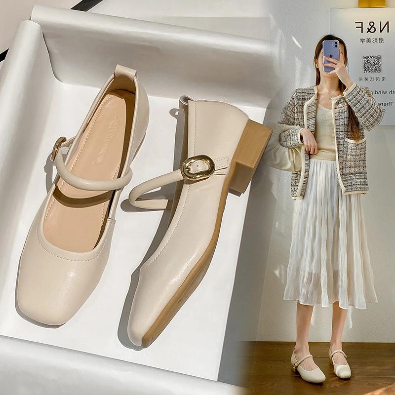 大码女鞋法式真皮粗跟低跟方头单鞋浅口一字扣玛丽珍鞋软底奶奶鞋