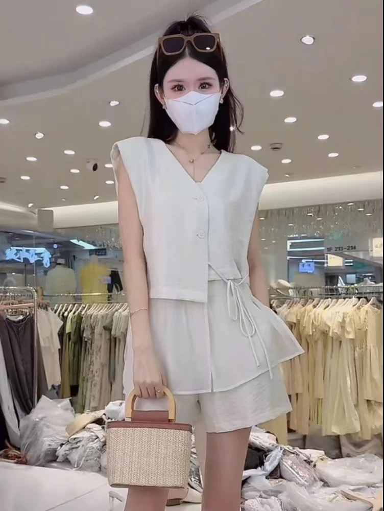 】达96款气质绑带无袖上衣减龄短裤时尚套装女夏季显瘦