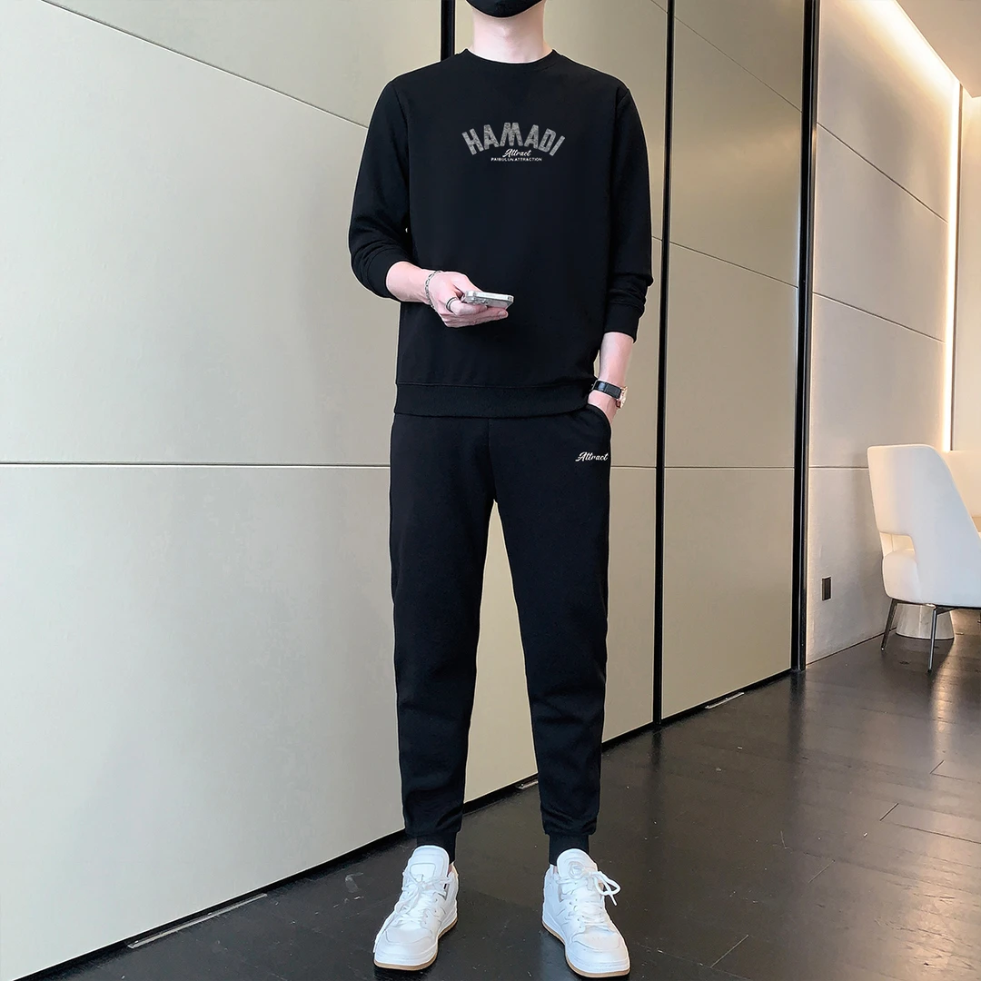 秋季新款长袖休闲套装时尚百搭男士卫衣男装潮流圆领修身帅气