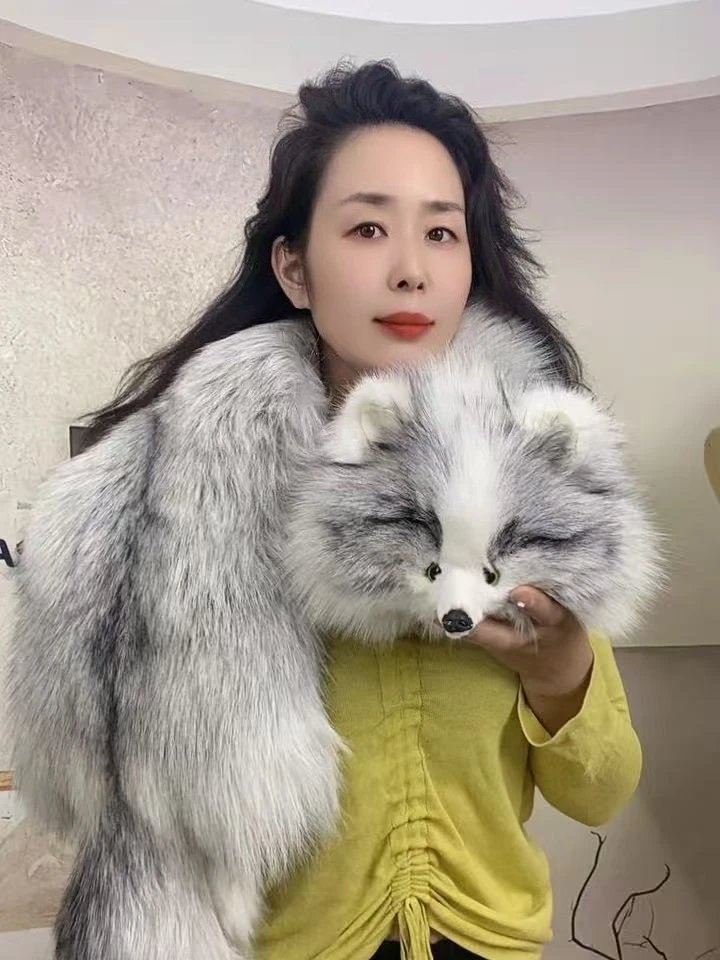 芬兰进口白金狐围脖围巾摆件冬季加厚保暖珍稀彩狐系皮草
